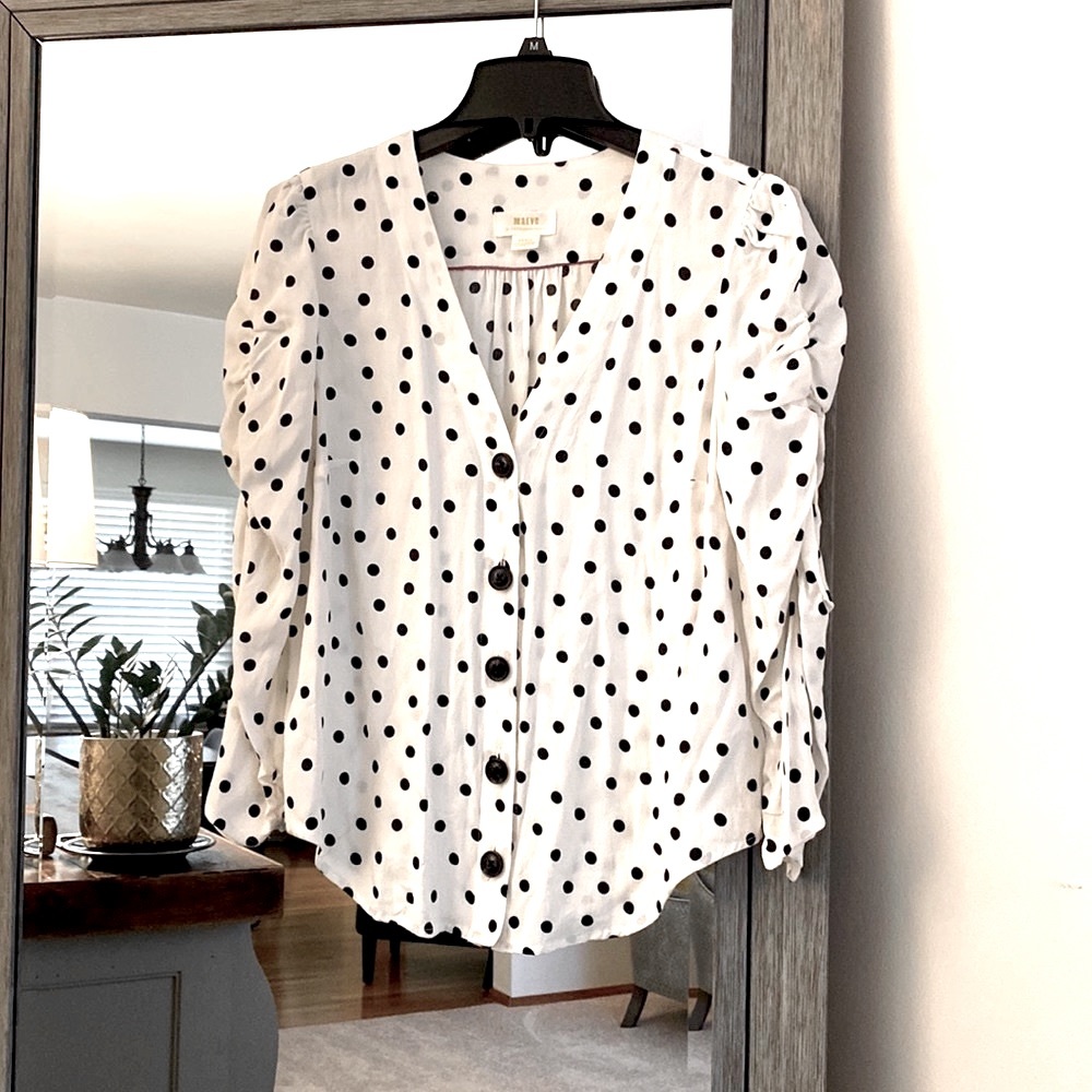 Maeve by Anthropologie, S, polka dot button up rouched sleeve blouse, beautiful!